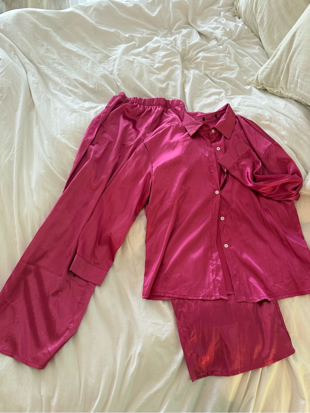 Hot pink classy button down silk set.